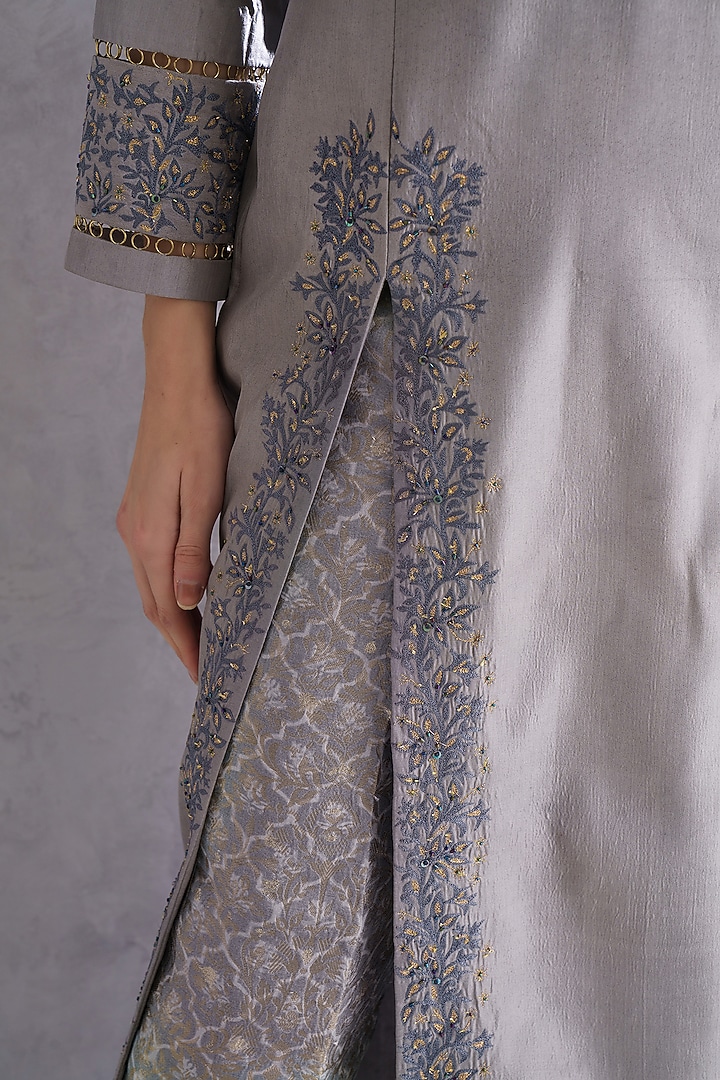 Sand Grey Pure Silk Sequin & Bead Embellished Kurta Set by The Silk Love at Pernia's Pop Up Shop