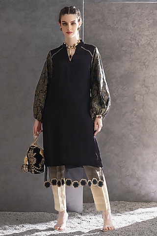 Black Satin Embellished Kurta by The Silk Love