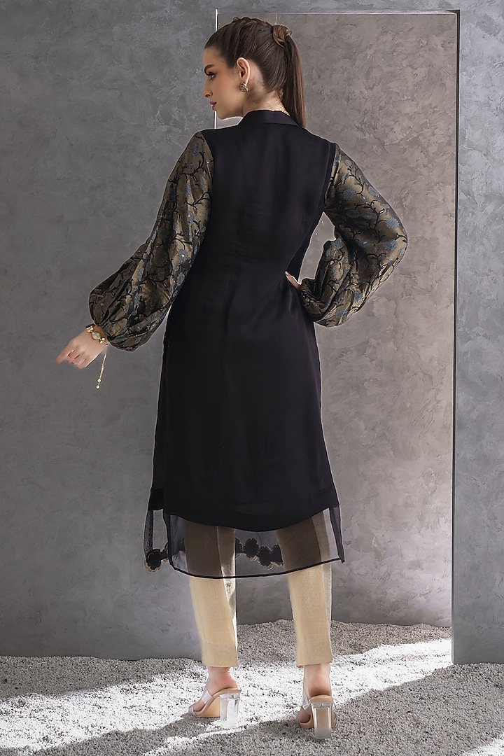 Black Satin Embellished Kurta by The Silk Love at Pernia's Pop Up Shop