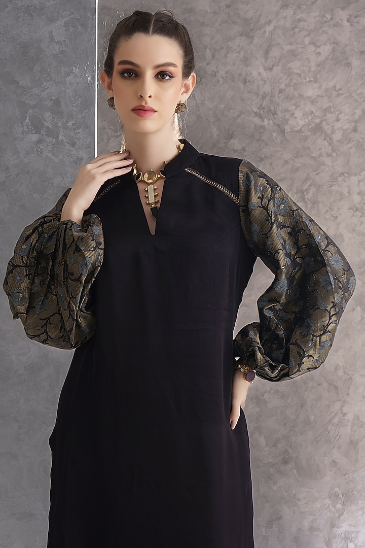 Black Satin Embellished Kurta by The Silk Love at Pernia's Pop Up Shop