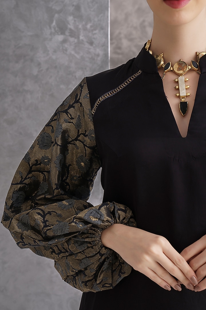 Black Satin Embellished Kurta by The Silk Love at Pernia's Pop Up Shop