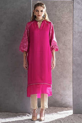Pink & Gold Satin Embellished Kurta by The Silk Love