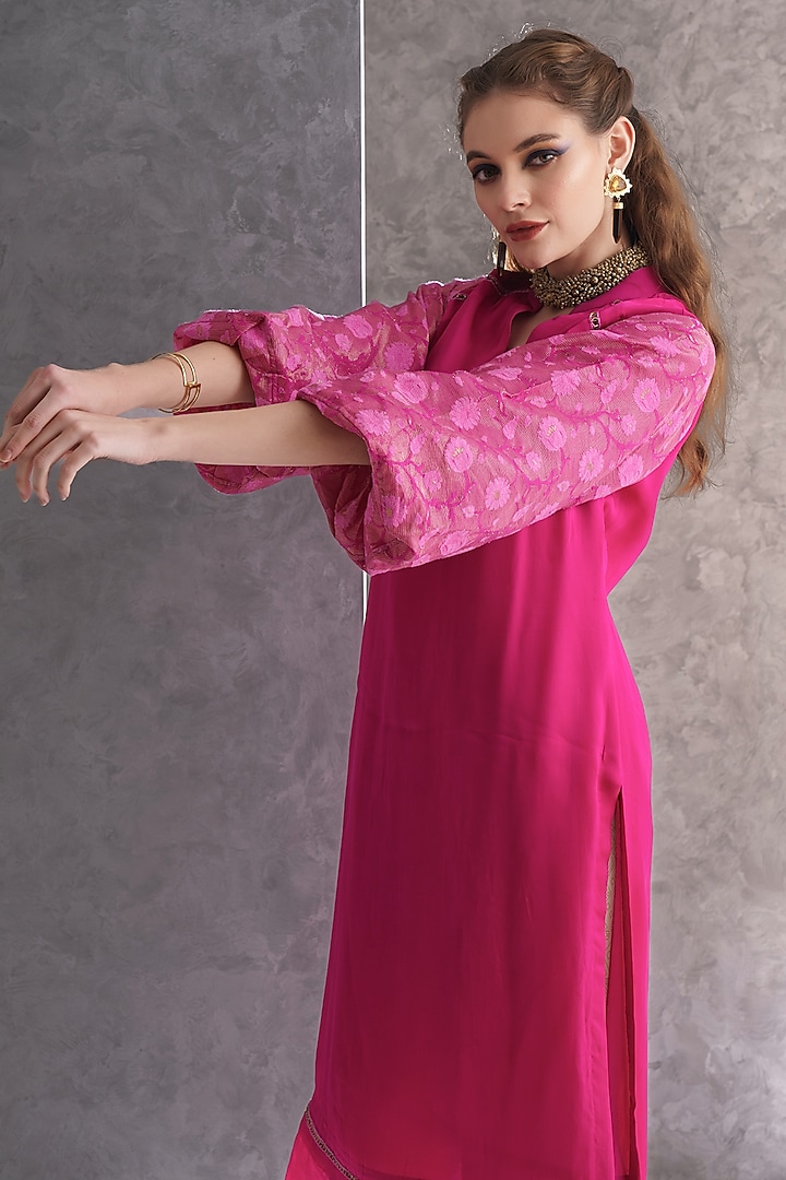Pink & Gold Satin Embellished Kurta by The Silk Love at Pernia's Pop Up Shop