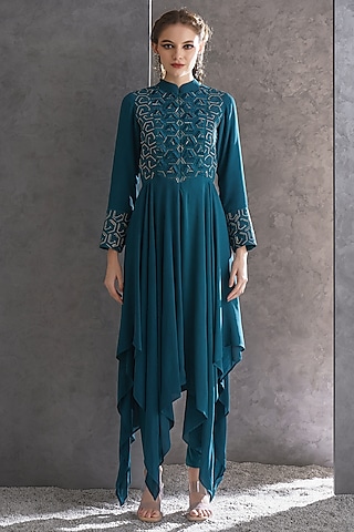 Teal Heavy Georgette Bead Embroidered Kurta by The Silk Love