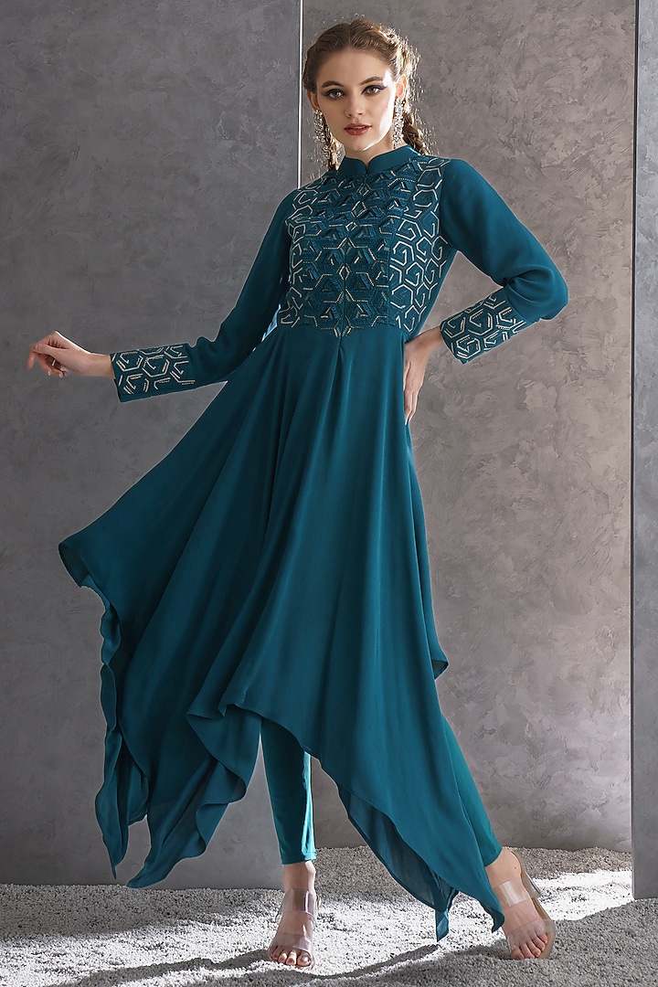Teal Heavy Georgette Bead Embroidered Kurta by The Silk Love at Pernia's Pop Up Shop