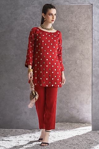 Brick Red Pure Silk Zari Embellished Co-Ord Set by The Silk Love