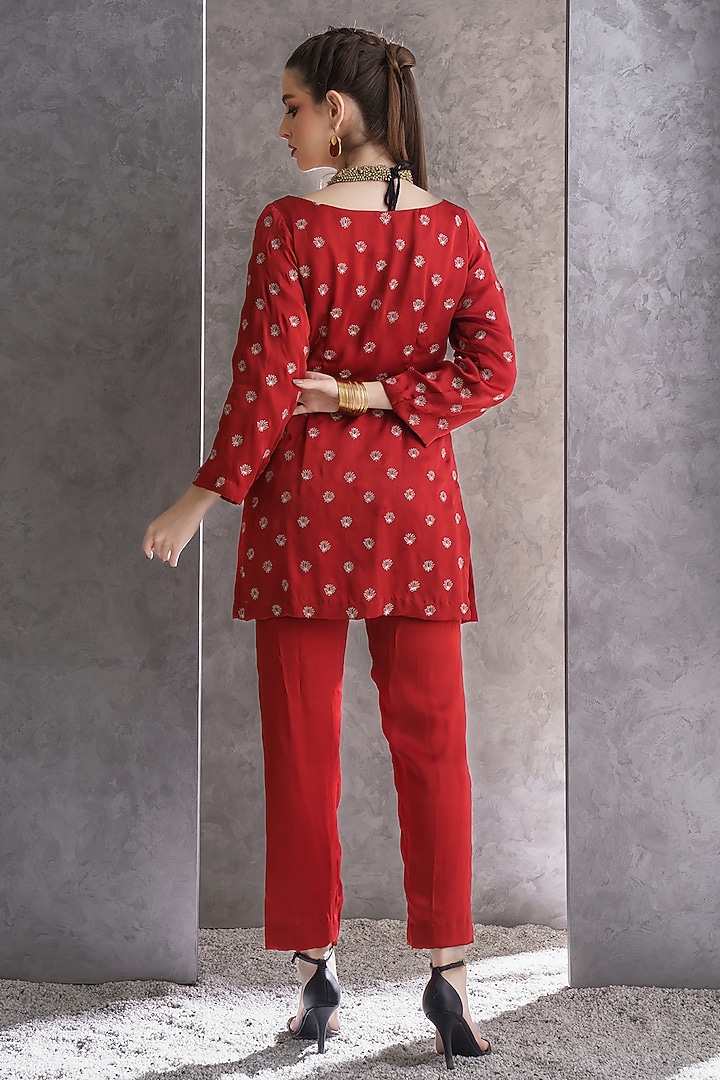 Brick Red Pure Silk Zari Embellished Co-Ord Set by The Silk Love at Pernia's Pop Up Shop