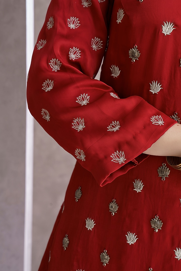 Brick Red Pure Silk Zari Embellished Co-Ord Set by The Silk Love at Pernia's Pop Up Shop