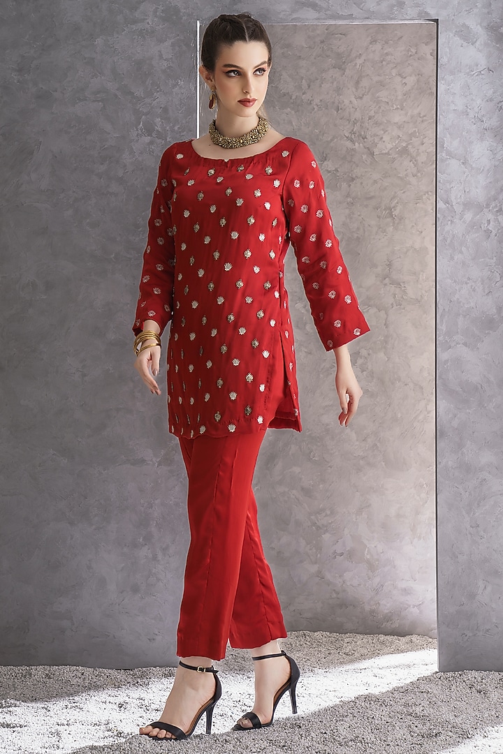 Brick Red Pure Silk Zari Embellished Co-Ord Set by The Silk Love at Pernia's Pop Up Shop