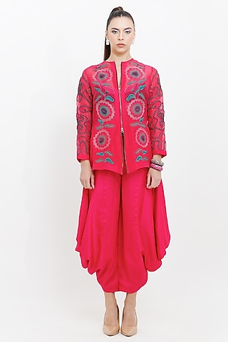 Pink Dupion Silk Draped Dhoti Set by The Silk Love