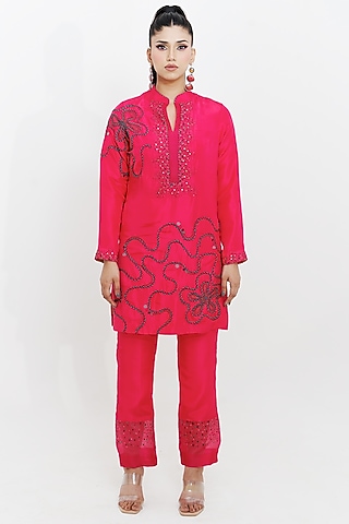 Pink Pure Silk Printed & Embellished Kurta Set by The Silk Love