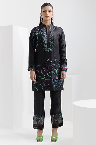 Black Pure Silk Printed & Embellished Kurta Set by The Silk Love
