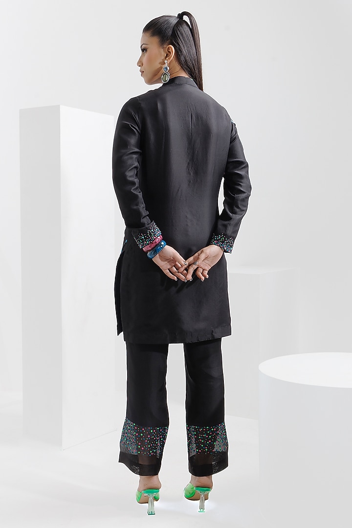 Black Pure Silk Printed & Embellished Kurta Set by The Silk Love at Pernia's Pop Up Shop