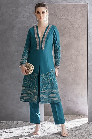 Teal Blue Pure Silk Applique Embellished Kurta Set by The Silk Love