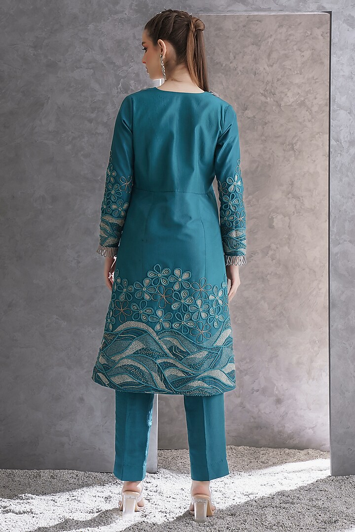 Teal Blue Pure Silk Applique Embellished Kurta Set by The Silk Love at Pernia's Pop Up Shop