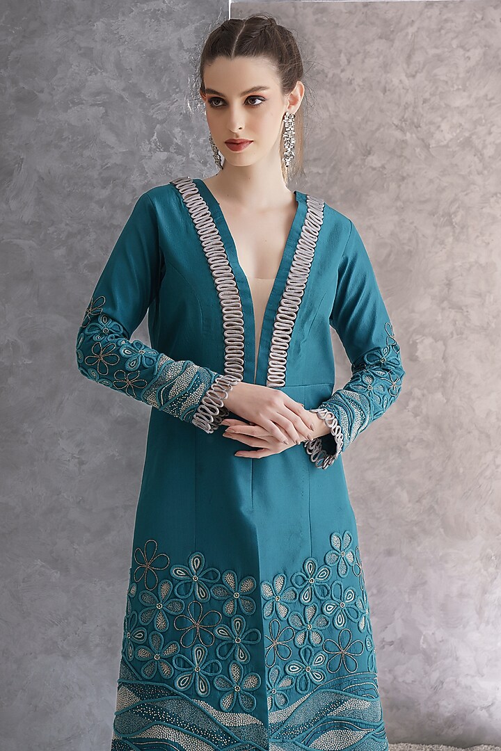 Teal Blue Pure Silk Applique Embellished Kurta Set by The Silk Love at Pernia's Pop Up Shop