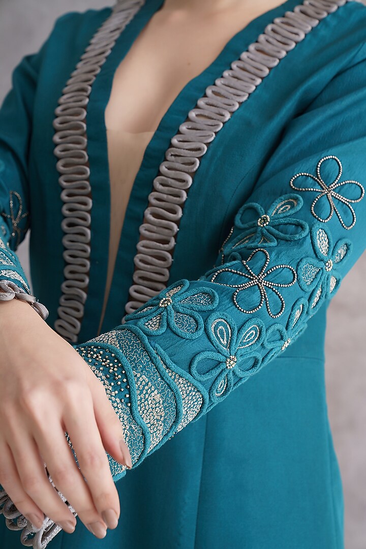 Teal Blue Pure Silk Applique Embellished Kurta Set by The Silk Love at Pernia's Pop Up Shop