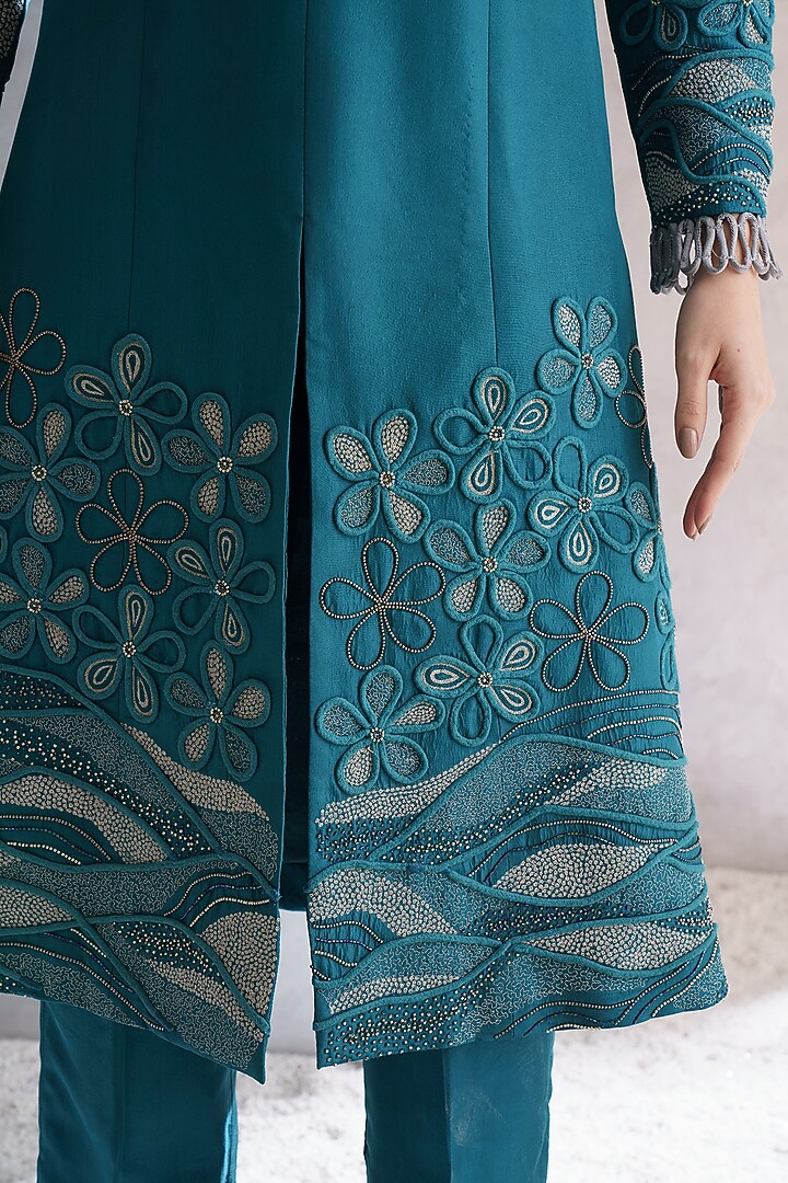 Teal Blue Pure Silk Applique Embellished Kurta Set by The Silk Love at Pernia's Pop Up Shop