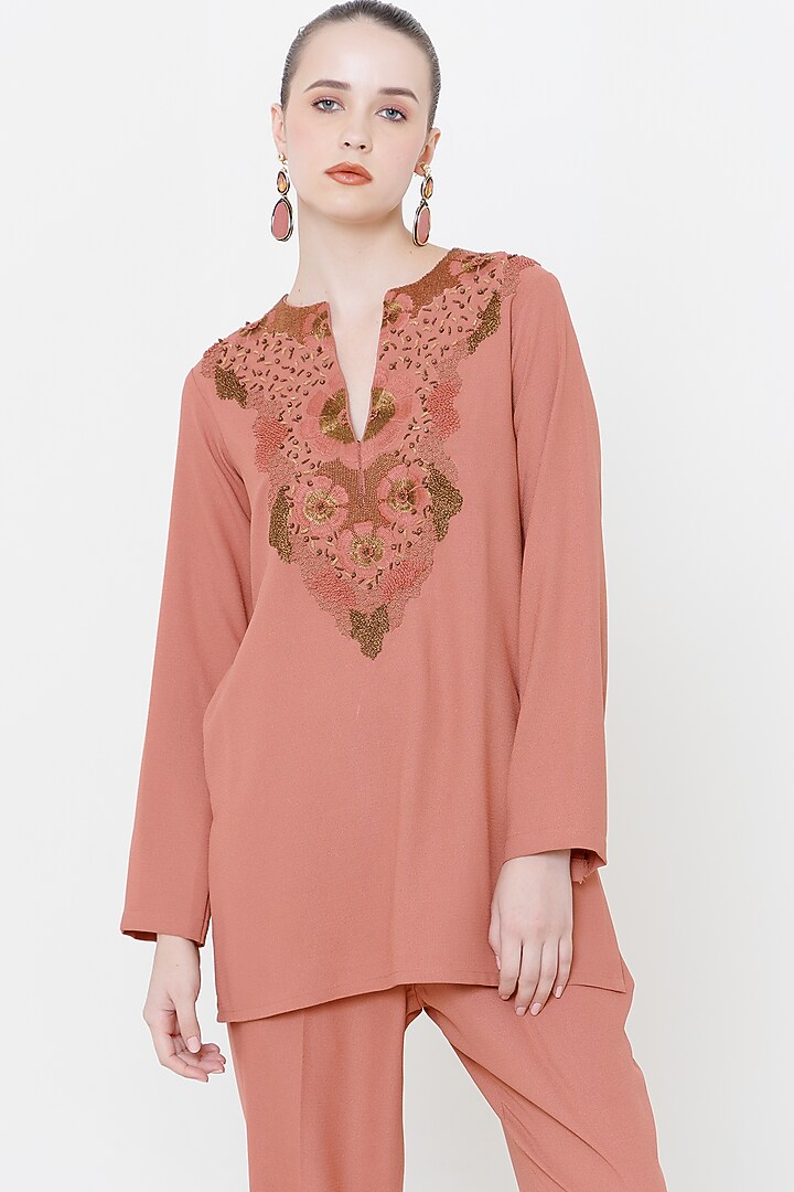 Rustic Orange Italian Crepe Zari Hand Embroidered Co-Ord Set by The Silk Love at Pernia's Pop Up Shop