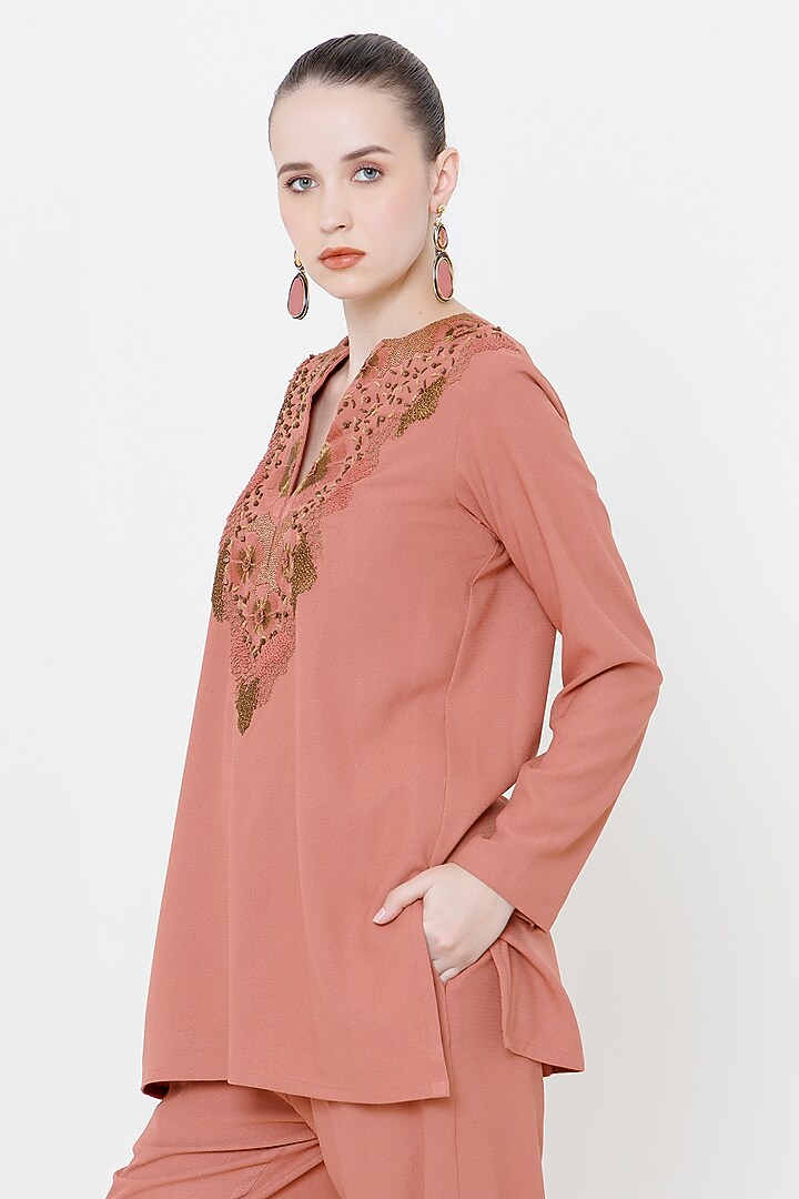 Rustic Orange Italian Crepe Zari Hand Embroidered Co-Ord Set by The Silk Love at Pernia's Pop Up Shop