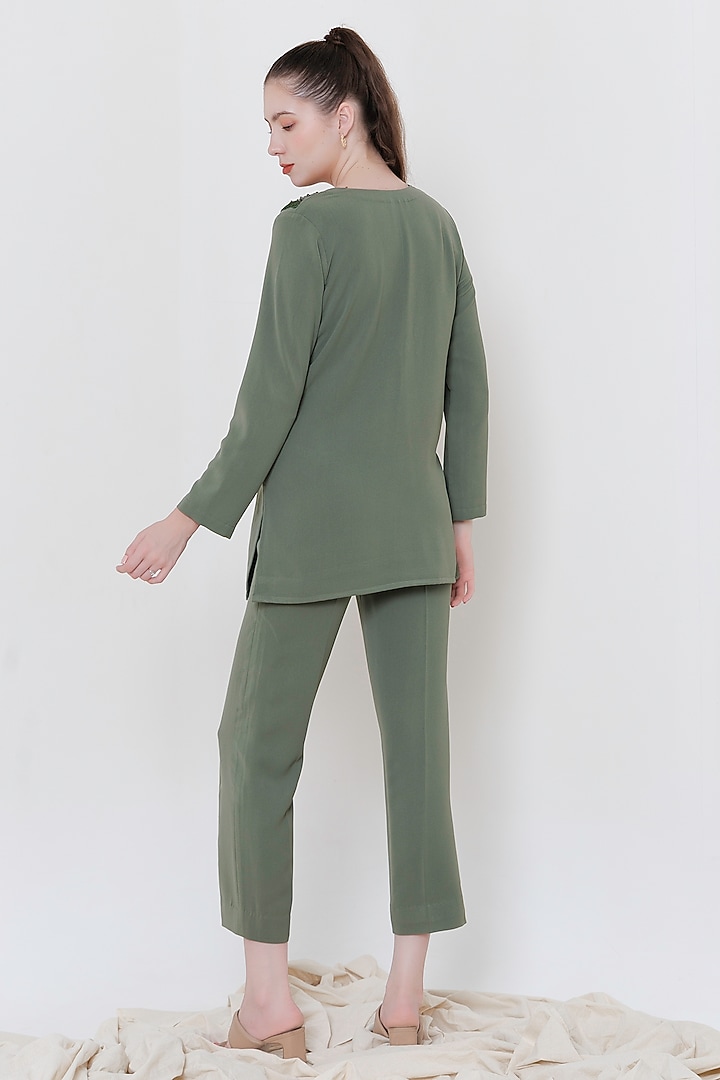 Olive Green Italian Crepe Zari Hand Embroidered Co-Ord Set by The Silk Love at Pernia's Pop Up Shop