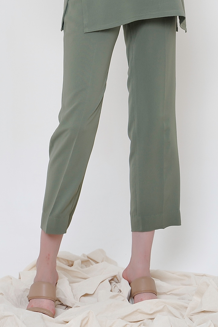 Olive Green Italian Crepe Zari Hand Embroidered Co-Ord Set by The Silk Love at Pernia's Pop Up Shop