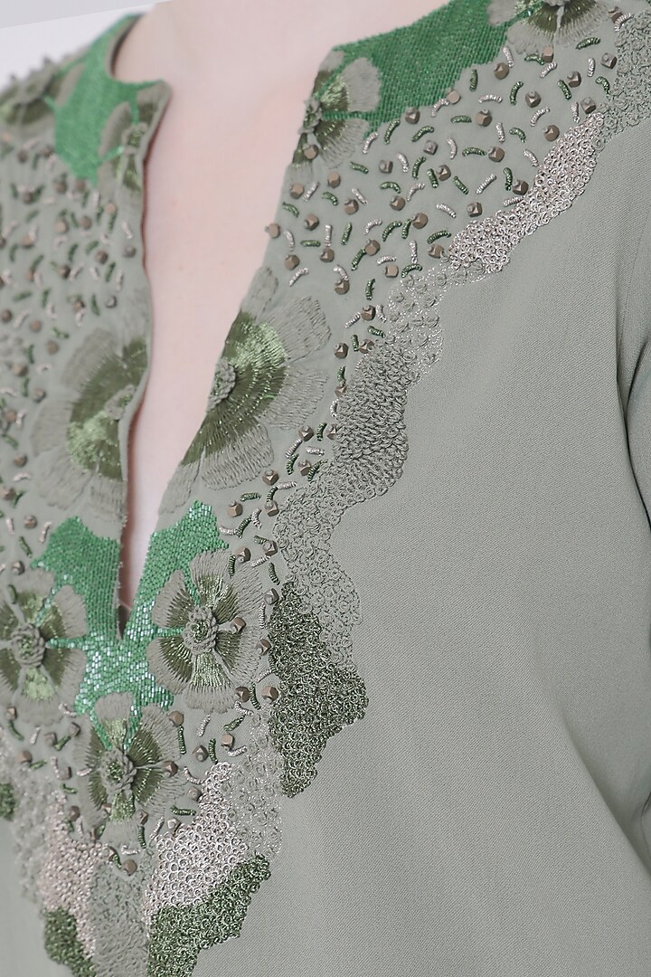 Olive Green Italian Crepe Zari Hand Embroidered Co-Ord Set by The Silk Love at Pernia's Pop Up Shop