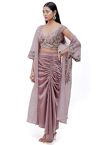Mauve Crushed Organza Embroidered Cape Set by The Silk Love