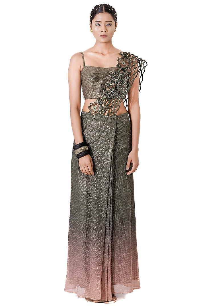 Olive & Pink Crinkled Lurex Cord Wave Stitched Wedding Saree Set by The Silk Love at Pernia's Pop Up Shop