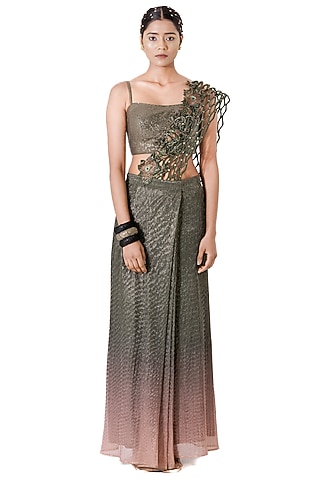 Olive & Pink Crinkled Lurex Cord Wave Stitched Saree Set by The Silk Love
