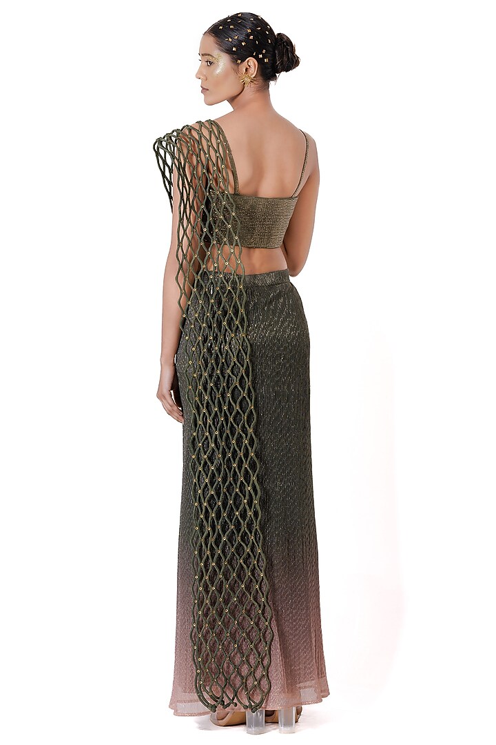 Olive & Pink Crinkled Lurex Cord Wave Stitched Wedding Saree Set by The Silk Love at Pernia's Pop Up Shop