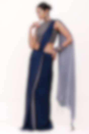 Blue Crepe & Lurex Handcrafted Tassel Wedding Saree Set by The Silk Love at Pernia's Pop Up Shop