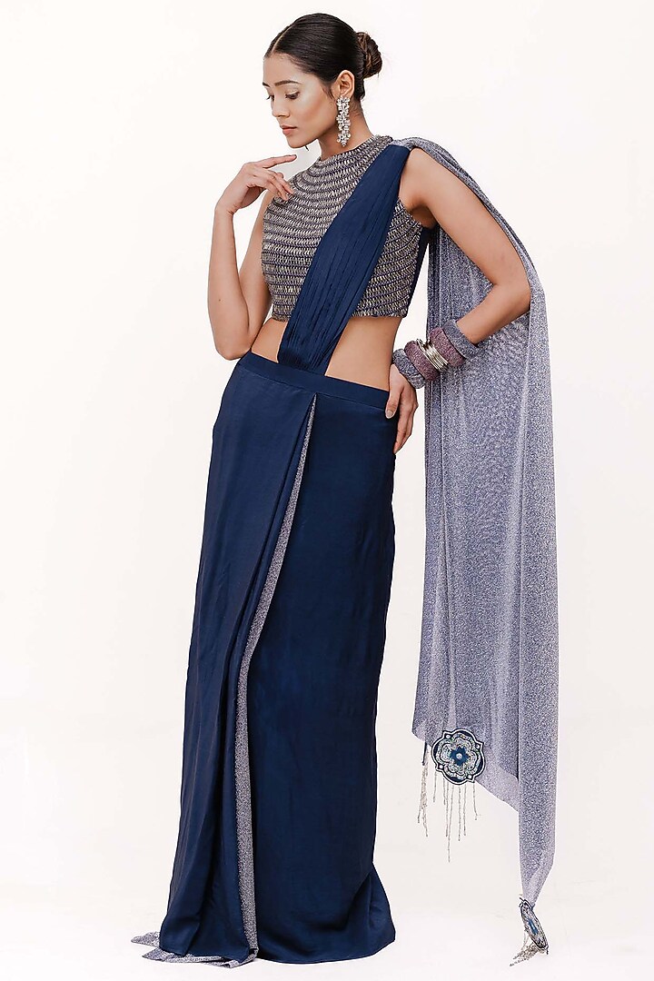 Blue Crepe & Lurex Handcrafted Tassel Wedding Saree Set by The Silk Love at Pernia's Pop Up Shop