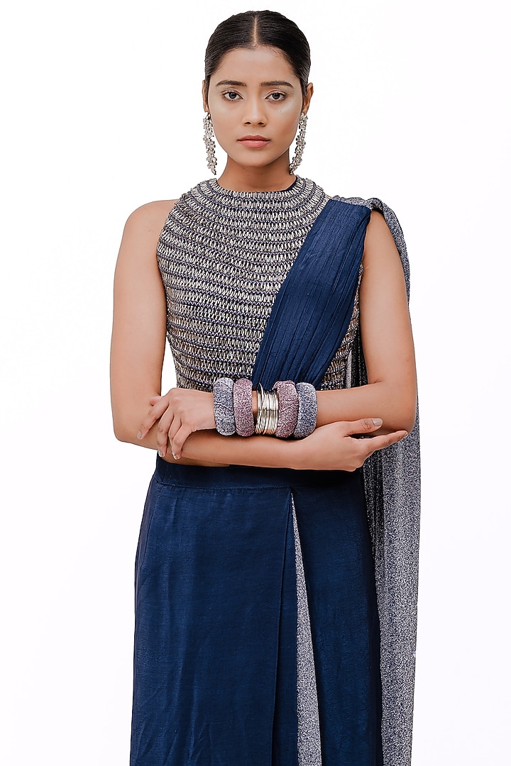 Blue Crepe & Lurex Handcrafted Tassel Wedding Saree Set by The Silk Love at Pernia's Pop Up Shop