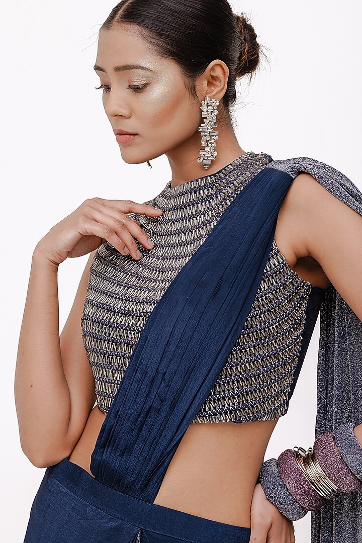Blue Crepe & Lurex Handcrafted Tassel Wedding Saree Set by The Silk Love at Pernia's Pop Up Shop