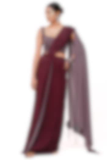 Wine Crepe & Lurex Handcrafted Tassel Wedding Saree Set by The Silk Love at Pernia's Pop Up Shop