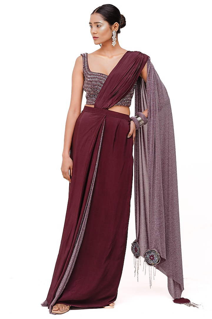 Wine Crepe & Lurex Handcrafted Tassel Wedding Saree Set by The Silk Love at Pernia's Pop Up Shop