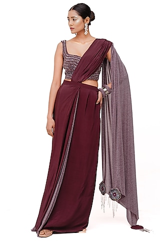 Wine Crepe & Lurex Handcrafted Tassel Saree Set by The Silk Love