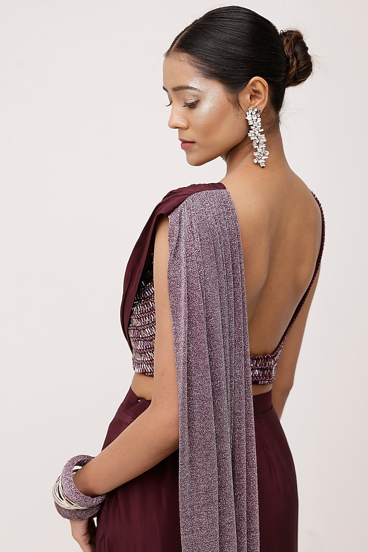 Wine Crepe & Lurex Handcrafted Tassel Wedding Saree Set by The Silk Love at Pernia's Pop Up Shop