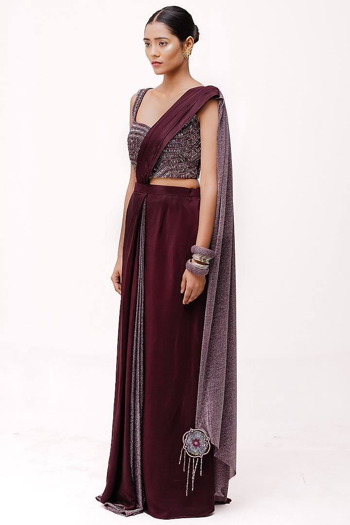 Wine Crepe & Lurex Handcrafted Tassel Wedding Saree Set by The Silk Love at Pernia's Pop Up Shop