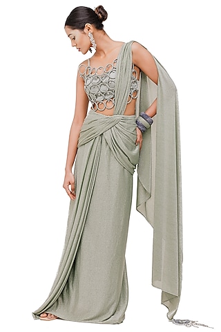 Mint Green Satin & Lurex Saree Set by The Silk Love