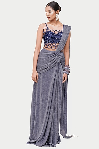Blue Satin & Lurex Saree Set by The Silk Love
