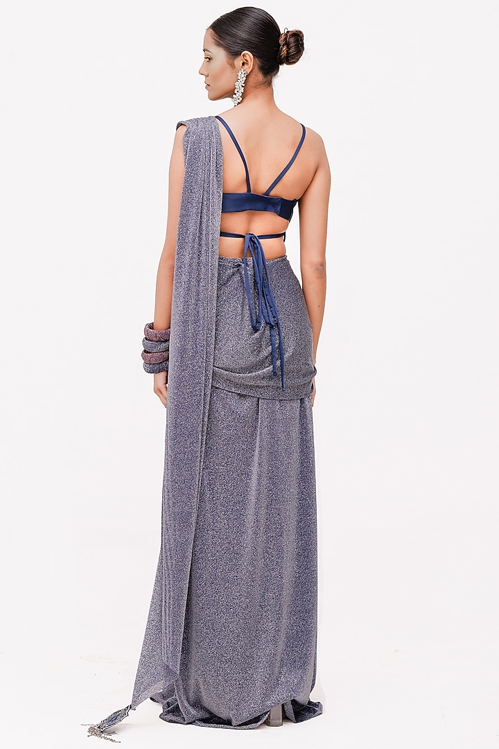 Blue Satin & Lurex Party Wear Saree Set by The Silk Love at Pernia's Pop Up Shop
