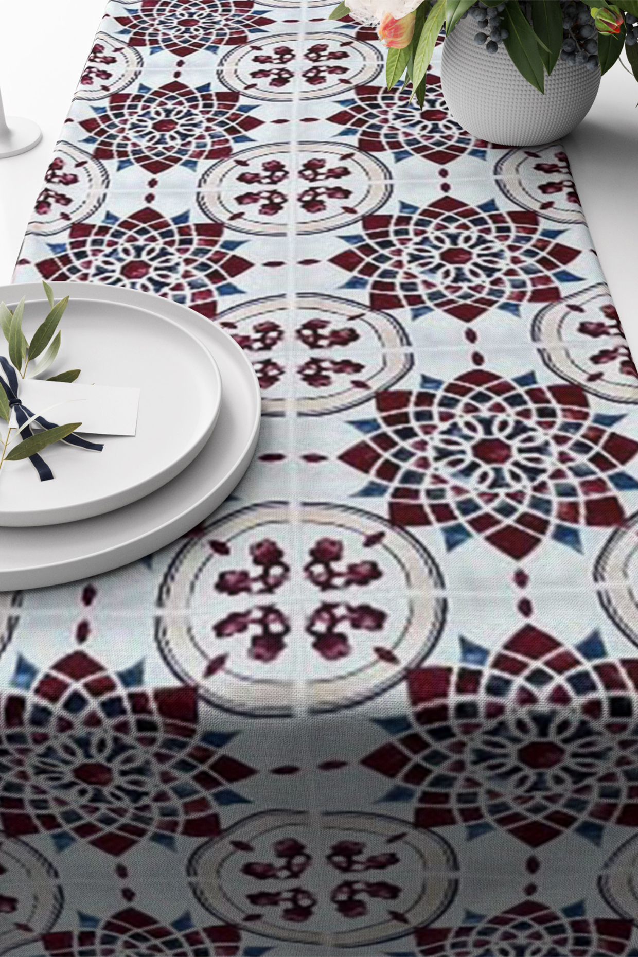 Multi-Colored Poly Duck & Silk Dupion Geometric Printed Table Runner by Tasseled Home at Pernia's Pop Up Shop