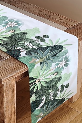 White Velvet & Silk Dupion Floral Printed Table Runner by Tasseled Home