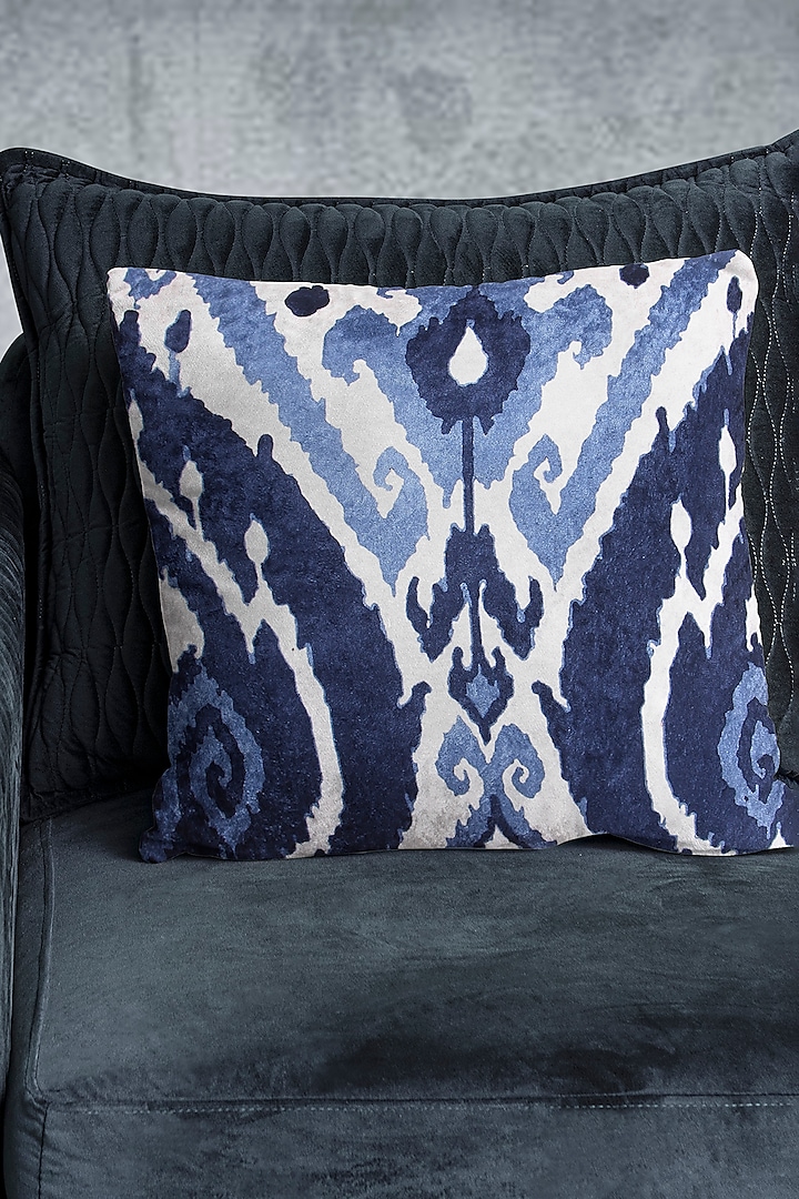 Blue Crushed Velvet & Faux Silk Printed Cushion Cover (Set of 2) by Tasseled Home