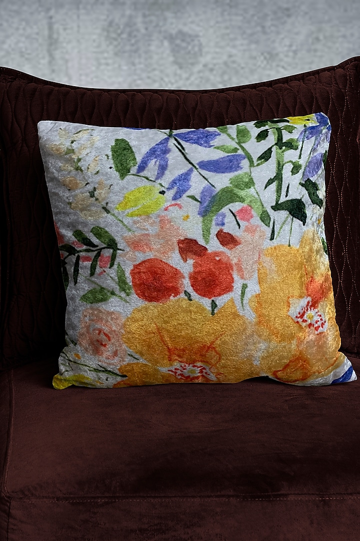 Orange Crushed Velvet & Faux Silk Floral Printed Cushion Cover (Set of 2) by Tasseled Home