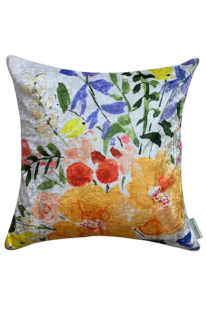 Orange Crushed Velvet & Faux Silk Floral Printed Cushion Cover (Set of 2) by Tasseled Home at Pernia's Pop Up Shop