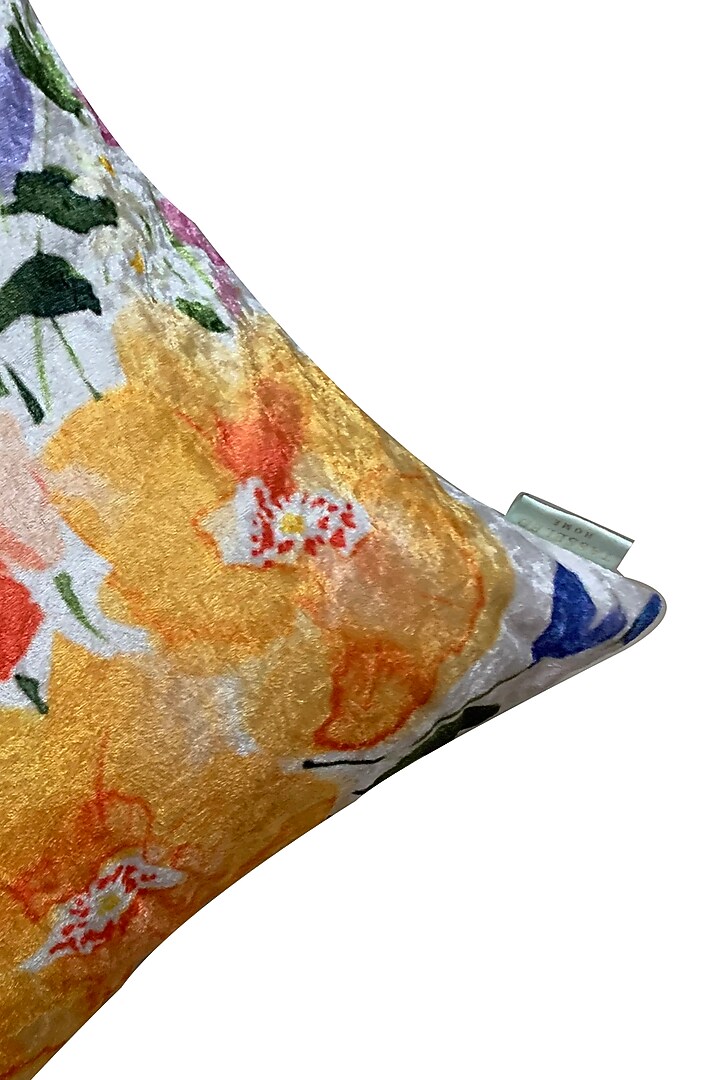Orange Crushed Velvet & Faux Silk Floral Printed Cushion Cover (Set of 2) by Tasseled Home at Pernia's Pop Up Shop