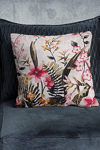 Pink Crushed Velvet & Faux Silk Floral Printed Cushion Cover (Set of 2) by Tasseled Home